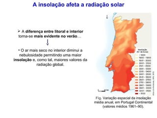  A diferença entre litoral e interior
torna-se mais evidente no verão…
• O ar mais seco no interior diminui a
nebulosidade permitindo uma maior
insolação e, como tal, maiores valores da
radiação global.
Fig. Variação espacial da insolação
média anual, em Portugal Continental
(valores médios 1961–90).
A insolação afeta a radiação solar
 