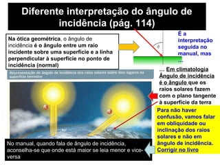 Diferente interpretação do ângulo de
incidência (pág. 114)
Na ótica geométrica, o ângulo de
incidência é o ângulo entre um raio
incidente sobre uma superfície e a linha
perpendicular à superfície no ponto de
incidência (normal)
É a
interpretação
seguida no
manual, mas
…
… Em climatologia
Ângulo de incidência
é o ângulo que os
raios solares fazem
com o plano tangente
à superfície da terra
Para não haver
confusão, vamos falar
em obliquidade ou
inclinação dos raios
solares e não em
ângulo de incidência.
Corrigir no livro
No manual, quando fala de ângulo de incidência,
aconselha-se que onde está maior se leia menor e vice-
versa
 
