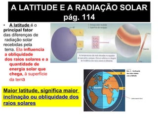 • A latitude é o
principal fator
das diferenças de
radiação solar
recebidas pela
terra. Ela influencia
a obliquidade
dos raios solares e a
quantidade de
energia solar que
chega, à superfície
da terra
A LATITUDE E A RADIAÇÃO SOLAR
pág. 114
Maior latitude, significa maior
inclinação ou obliquidade dos
raios solares
 