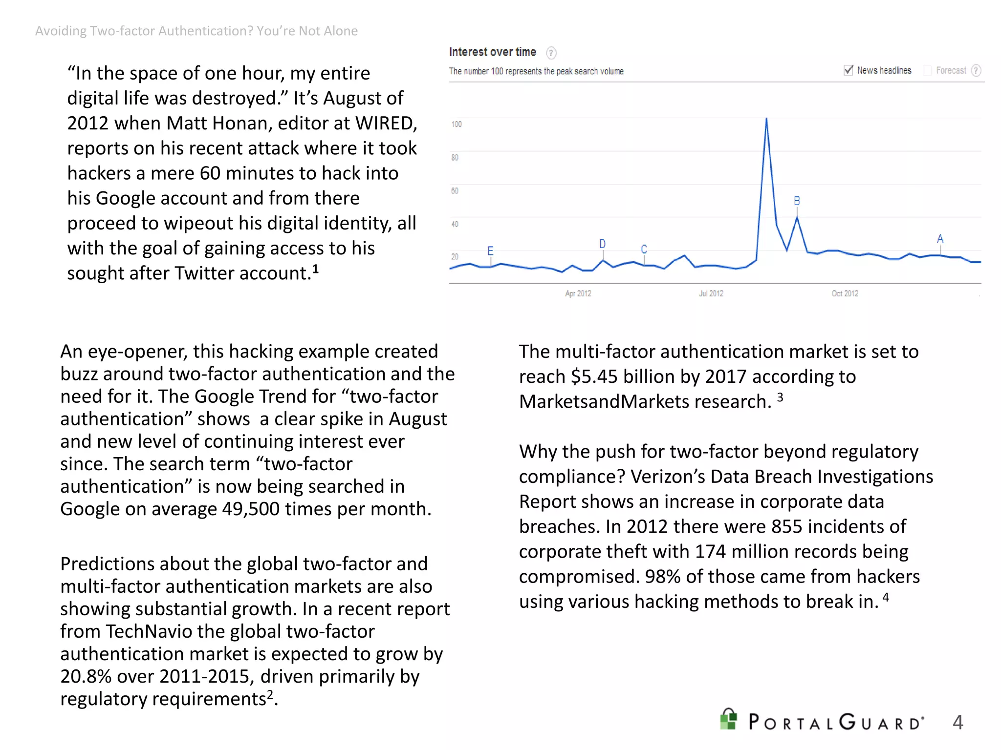 An eye-opener, this hacking example created
buzz around two-factor authentication and the
need for it. The Google Trend for “two-factor
authentication” shows a clear spike in August
and new level of continuing interest ever
since. The search term “two-factor
authentication” is now being searched in
Google on average 49,500 times per month.
Predictions about the global two-factor and
multi-factor authentication markets are also
showing substantial growth. In a recent report
from TechNavio the global two-factor
authentication market is expected to grow by
20.8% over 2011-2015, driven primarily by
regulatory requirements2.
The multi-factor authentication market is set to
reach $5.45 billion by 2017 according to
MarketsandMarkets research. 3
Why the push for two-factor beyond regulatory
compliance? Verizon’s Data Breach Investigations
Report shows an increase in corporate data
breaches. In 2012 there were 855 incidents of
corporate theft with 174 million records being
compromised. 98% of those came from hackers
using various hacking methods to break in.4
“In the space of one hour, my entire
digital life was destroyed.” It’s August of
2012 when Matt Honan, editor at WIRED,
reports on his recent attack where it took
hackers a mere 60 minutes to hack into
his Google account and from there
proceed to wipeout his digital identity, all
with the goal of gaining access to his
sought after Twitter account.1
4
Avoiding Two-factor Authentication? You’re Not Alone
 