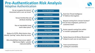 14Copyright SecureAuth Corporation 2016
Device Recognition
Threat Service
Directory Lookup
Geo-Location
Geo-Velocity
Geo-Fencing
Phone Number Fraud Prevention
Behavioral Biometrics
Identity Governance
User & Entity Behavior Analytics
Pre-Authentication Risk Analysis
Adaptive Authentication
Do we recognize this device?
Associated with a user we know?
Real-time Threat Intelligence
IP Address Interrogation
Group membership and
attribute checking
Request coming from a known location?
Do we have employees, partners or
customers here?
Has an improbable travel
event taken place?
Track normal behavior
Looking for anomalies
Who should/does have access rights?
High Access Rights = greater
risk/vulnerability
Access request coming from within
or outside a geographic barrier
Typing Sequences & Mouse Movements
Unique to each user on each device
Reduce # of OTPs, Block device class,
Identify “porting” status, Block by carrier
 