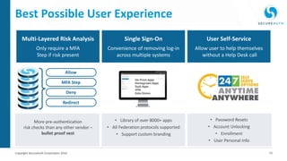15Copyright SecureAuth Corporation 2016
Multi-Layered Risk Analysis
Only require a MFA
Step if risk present
Single Sign-On
Convenience of removing log-in
across multiple systems
User Self-Service
Allow user to help themselves
without a Help Desk call
More pre-authentication
risk checks than any other vendor –
bullet proof vest
• Library of over 8000+ apps
• All Federation protocols supported
• Support custom branding
• Password Resets
• Account Unlocking
• Enrollment
• User Personal Info
MFA Step
Deny
Redirect
Allow
Best Possible User Experience
On-Prem Apps
Homegrown Apps
SaaS Apps
VPN
Data Stores
 