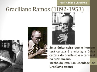 Graciliano Ramos (1892-1953)
Se a única coisa que o homem
terá certeza é a morte; a única
certeza do brasileiro é o carnaval
no próximo ano.
Trecho do livro ‘Em Liberdade’ de
Graciliano Ramos
Prof. Adriana Christinne
 
