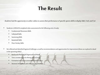 The Result
Studentshad theopportunity toutilizevideosto assesstheirperformanceof specificsportsskillsto displayK&U, AoS,and CoL
• StudentsinMS&HScompletedvideo assessmentsforthe followingunits of study:
• Fundamental Movement Skills
• VolleyballSkills
• SwimmingSkills
• BasketballSkills
• Floor HockeySkills
• We reflectedand identifiedlogisticalchallenges,aswellasrecommendationsandopportunitiesforimprovement(theseareexploredindetail
intheupcoming slides)
• BackwardsPlanning &OrganizationalNeeds
• Timeconsiderationsforfilmingandassessing
• Formative/summativeassessmenttool &Rubrics
• Structureoffeedbackand reflectionopportunities
 