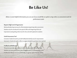 Be Like Us!
Belowis somehelpfulinformationyoucanuseifyouwould liketoexploreusingvideos as assessment tools for
performancetasks
RequiresHigh Levelof Organization
Backwardsplanning necessaryfor effectivelyplanning/timing videoassessments
Studentsmust beintroducedtothespecificskills at the beginningofthe unit
Expectations (andgradingrubric)must beclearandwell-explainedtostudents
UsefulAssessment Tool
Formative: Student &teacherprovidefeedback& identifyareasforimprovement
Summative:Student &teacherreflectonprogress&whethergoalshavebeenreached
FeedbackandReflection
Thisprocessprovidesopportunitiesforbothstructuredandinformalfeedback
Studentscanassessperformancetasksusinga formativeorsummativeunitrubric
Feedback & reflectioncanoccurindividually,asagroup,and/orfromthe teacher
 