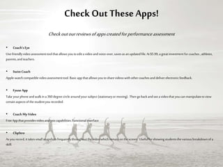 Check Out These Apps!
Checkoutourreviewsofappscreatedforperformanceassessment
• Coach’s Eye
Use-friendlyvideoassessmenttoolthatallowsyoutoeditavideoandvoice-over,savesasanupdatedfile.At$5.99,agreatinvestmentforcoaches,athletes,
parents,andteachers.
• SwimCoach
Apple-watchcompatiblevideoassessmenttool.Basicappthatallowsyoutosharevideoswithothercoachesanddeliverelectronicfeedback.
• Fyuse App
Take yourphone andwalkina 360degreecircle aroundyoursubject (stationaryor moving). Thengoback andseea videothatyoucan manipulatetoview
certainaspectsofthestudentyourecorded.
• Coach My Video
FreeAppthatprovidesvideoanalysiscapabilities.Functionalinterface
• ClipStro
Asyourecord,ittakessmallsnapshotsfrequentlythroughoutthevideowhichremainon thescreen. Usefulforshowingstudentsthevariousbreakdownofa
skill.
 