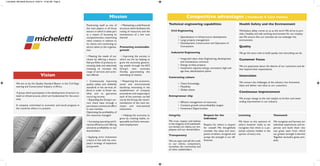 Competitive advantages ( Standards & Core Values)
Vision
We aim to be the Quality Standard Bearer in the Civil Engi-
neering and Construction Industry in Africa.
A group which participates in the development of sectors re-
lated to infrastructures, which are fundamental for the econ-
omy.
A company committed to economic and social progress in
the countries where it is present.
Technical engineering capabilities
Civil Engineering
• Specialization in Infrastructure development
• Large projects management
• Development, Construction and Operation of
Concessions
Industrial Engineering
• Integrated value chain: Engineering, development
and maintenance contracts
• Energy turnkey projects
• Investment capacity: energy concession, high-volt
age lines, desalinization plants.
Contracting culture
• Client Knowledge
• Flexibility
• Global clients
Entrepreneur ship
• Efficient management of resources
• Constant growth and profitability targets
• Investment Opportunities
Health Safety and the Environment
Workplace safety comes to us as the norm.We strive to pro-
vide a healthy and safe working environment for our employ-
ees.We ensure that our activities do not endanger the
environment.
Quality
We go the extra mile to build quality into everything we do.
Customer Focus
We are passionate about the desires of our customers and de-
liver beyond their expectations.
Innovation
We convert the challenges of the industry into Innovative
Ideas and deliver real value to our customers.
Continuous Improvement
We accept change as the real catalyst to further and never-
ending improvement in our industry.
Integrity
We trust, respect and believe
in the integrity of all stakehold-
ers namely our clients,our em-
ployees and our shareholders.
Transparency
We are open and tell the truth
to our clients, competitors,
ourselves, the community and
all other stakeholders.
Respect for the
Individual
Respect for others is respect
for oneself. We thoughtfully
consider the ideas and view-
points of others,recognize and
accept the strength in our dif-
ferences.
Listening
We listen to the opinions of
others however lowly as we
recognize that there is a po-
tential solution hidden in the
opinion of every one.
Teamwork
We recognize and harness our
individual experiences and ex-
pertise and build them into
one great team from which
our greater strength is derived.
Together we build a great com-
pany.
Mission
Positioning itself as one of
the main players in all those
sectors in which it takes part
as a means of boosting its
competitiveness, maximising
value creation in relation to
its clients and continuing to
attract talent to the organisa-
tion.
• Meeting the needs of our
clients by offering a diversi-
fied portfolio of products, in-
novating daily and selectively
investing to increase the
range of services and activi-
ties offered.
• Continuously improving
quality, safety and reliability
standards in the services of-
fered in order to foster sta-
bility and to guarantee
recurring income.
• Expanding the Group's cur-
rent client base through a
permanent commercial effort
in new markets.
Optimising the profitability of
the resources managed
• Increasing operating and fi-
nancial efficiency and offering
attractive profitability to our
shareholders.
• Applying strict investment
criteria in line with the com-
pany's strategy of expansion
and growth.
• Maintaining a solid financial
structure which facilitates the
raising of resources and the
maintenance of a low cost
thereof.
Promoting sustainable
growth
• Improving the society in
which we live by helping to
grow the economy, generat-
ing wealth through the ACS
Group’s own activities,
thereby guaranteeing the
well-being of citizens.
• Respecting the economic,
social and environmental
backdrop, innovating in the
establishment of company
procedures and respecting in
each of the activities carried
out by the Group,the recom-
mendations of the main do-
mestic and international
institutions.
• Helping the economy to
grow by creating stable, re-
spectable and fairly-remuner-
ated employment.
micheletti_Micheletti Brochure 6/23/10 12:58 AM Page 6
 