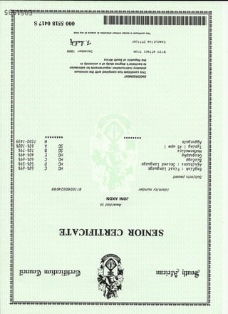 Joni Axon - matric certificate