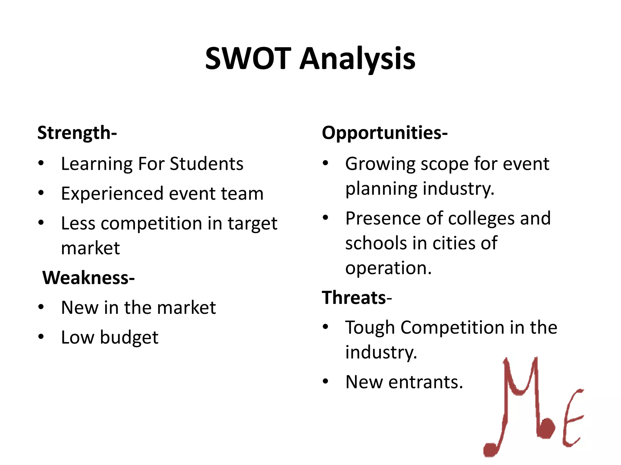 SWOT Analysis
Strength-
• Learning For Students
• Experienced event team
• Less competition in target
market
Weakness-
• New in the market
• Low budget
Opportunities-
• Growing scope for event
planning industry.
• Presence of colleges and
schools in cities of
operation.
Threats-
• Tough Competition in the
industry.
• New entrants.
 