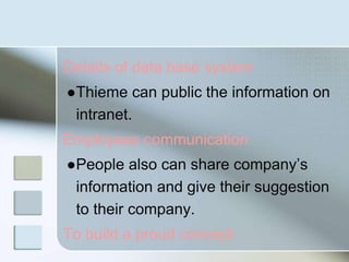Details of data base system
●Thieme can public the information on
intranet.
Employees communication
●People also can share company’s
information and give their suggestion
to their company.
To build a proud concept
 