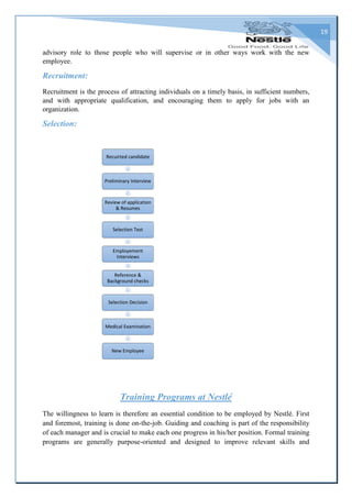 19
advisory role to those people who will supervise or in other ways work with the new
employee.
Recruitment:
Recruitment is the process of attracting individuals on a timely basis, in sufficient numbers,
and with appropriate qualification, and encouraging them to apply for jobs with an
organization.
Selection:
Training Programs at Nestlé
The willingness to learn is therefore an essential condition to be employed by Nestlé. First
and foremost, training is done on-the-job. Guiding and coaching is part of the responsibility
of each manager and is crucial to make each one progress in his/her position. Formal training
programs are generally purpose-oriented and designed to improve relevant skills and
Recuirted candidate
Preliminary Interview
Review of application
& Resumes
Selection Test
Employement
Interviews
Reference &
Background checks
Selection Decision
Medical Examination
New Employee
 