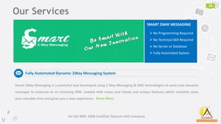 Our Services
12
An ISO 9001 2008 Certified Telecom VAS Company
Fully Automated Dynamic 2Way Messaging System
Smart 2Way Messaging is a powerful tool developed using 2 Way Messaging & SMS technologies to send auto dynamic
messages in response to an Incoming SMS. Loaded with many new handy and unique features which certainly saves
your valuable time and gives you a new experience.
SMART 2WAY MESSAGING
 No Programming Required
 No Technical Skill Required
 No Server or Database
 Fully Automated System
Know More
 