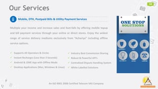 Our Services
18
An ISO 9001 2008 Certified Telecom VAS Company
Mobile, DTH, Postpaid Bills & Utility Payment Services
Multiple your income and increase sales and foot-falls by offering mobile topup
and bill payment services through your online or direct stores. Enjoy the widest
range of service delivery mediums exclusively from “Achariya” including offline
service options.
 Supports All Operators & Circles
 Instant Recharges (Less than 3 Seconds)
 Android & J2ME App with Offline Mode
 Desktop Applications (Mac, Windows & Linux)
 Industry Best Commission Sharing
 Robust & Powerful API’s
 Centralized Dispute Handling System
 White Labelled Solutions
 