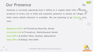 02
An ISO 9001 2008 Certified Telecom VAS Company
Our Presence
Achariya is currently operating from 4 offices in 3 capital cities with a reseller
presence of every city in India and customer presence in almost all villages of
India where Mobile Network is available. We are planning to go Globally very
soon.
Registered Office @ Trivandrum,Panavilla, Kerala
Innovation Hub @ Trivandrum, Vazhuthacaud, Kerala
Sales Office @ Andheri West, Mumbai, Maharashtra
Sales Office @ Kalkaji, New Delhi
 