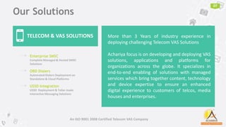 Our Solutions
07
TELECOM & VAS SOLUTIONS More than 3 Years of industry experience in
deploying challenging Telecom VAS Solutions
Achariya focus is on developing and deploying VAS
solutions, applications and platforms for
organizations across the globe. It specializes in
end-to-end enabling of solutions with managed
services which bring together content, technology
and device expertise to ensure an enhanced
digital experience to customers of telcos, media
houses and enterprises.
An ISO 9001 2008 Certified Telecom VAS Company
Enterprise SMSC
Complete Managed & Hosted SMSC
Solutions
OBD Dialers
Automated Dialers Deployment on
Standalone & Cloud Platforms
USSD Integration
USSD Deployment & Tailor made
Interactive Messaging Solutions
.
 