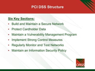 PCI DSS Structure
Six Key Sections:
•  Build and Maintain a Secure Network
•  Protect Cardholder Data
•  Maintain a Vulnerability Management Program
•  Implement Strong Control Measures
•  Regularly Monitor and Test Networks
•  Maintain an Information Security Policy
 