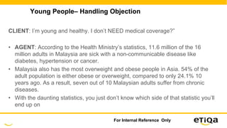 Young People– Handling Objection
CLIENT: I’m young and healthy. I don’t NEED medical coverage?”
• AGENT: According to the Health Ministry’s statistics, 11.6 million of the 16
million adults in Malaysia are sick with a non-communicable disease like
diabetes, hypertension or cancer.
• Malaysia also has the most overweight and obese people in Asia. 54% of the
adult population is either obese or overweight, compared to only 24.1% 10
years ago. As a result, seven out of 10 Malaysian adults suffer from chronic
diseases.
• With the daunting statistics, you just don’t know which side of that statistic you’ll
end up on
For Internal Reference Only
 