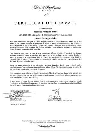 Certificat de travail - Hôtel d'Angleterre Genève - 2009'2010