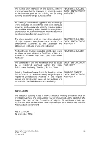 Exploring the National Building Code
By Arc J. O. Toluhi
12th Sept 2012
10
The names and addresses of the builder, architect
and engineers shall be displayed on a board erected
at the entrance gate of the building site for every
building except for single bungalow sites
REGISTERED BUILDER/
CODE ENFORCEMENT
AUTHORITY
All drawings submitted for approval and all buildings
works executed in accordance with such approved
drawings shall comply fully with the requirements of
the National Building Code. Therefore all registered
professionals must be conversant with the technical
classifications and design requirements
The above provision shall be ensured by submission
of duly completed compliance forms to the Code
Enforcement Authority by the Developer and
obtaining a certificate of Use and Habitation
REGISTERED BUILDER/
CODE ENFORCEMENT
AUTHORITY
No building or structure executed shall be put to use
in whole or part without a Certificate of Use and
Habitation obtained from the Code Enforcement
Authority
REGISTERED BUILDER
The Certificate of Use and Habitation shall be issued
by a registered architect within the Code
Enforcement Authority / Division / Section / Unit
CODE ENFORCEMENT
AUTHORITY
Building Condition Survey Report for buildings above
five floors shall be carried out every ten years by the
registered professionals involved in the original
design and construction stages of the building and
submitted to the Code Enforcement Authority.
BUILDING OWNER/
CODE ENFORCEMENT
AUTHORITY
CONCLUSION
The National Building Code is now a national working document that an
architect must have and keep just like you will always find on the bookshelf of a
lawyer, the Laws of the Federation of Nigeria. All architects should get
acquainted with the document and it will be well with architecture and the
Nigerian built environment.
Arc. J. O. Toluhi
12 September 2012.
 