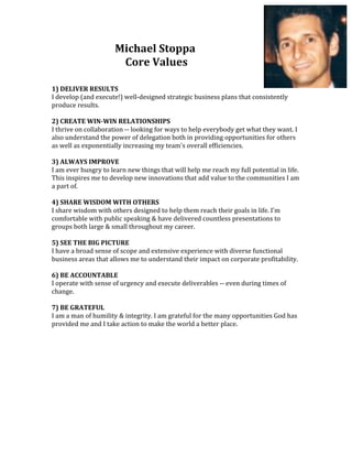 Michael	Stoppa	
	Core	Values	
	
	
1)	DELIVER	RESULTS	
I	develop	(and	execute!)	well-designed	strategic	business	plans	that	consistently	
produce	results.		
	
2)	CREATE	WIN-WIN	RELATIONSHIPS	
I	thrive	on	collaboration	--	looking	for	ways	to	help	everybody	get	what	they	want.	I	
also	understand	the	power	of	delegation	both	in	providing	opportunities	for	others	
as	well	as	exponentially	increasing	my	team's	overall	efficiencies.		
	
3)	ALWAYS	IMPROVE	
I	am	ever	hungry	to	learn	new	things	that	will	help	me	reach	my	full	potential	in	life.	
This	inspires	me	to	develop	new	innovations	that	add	value	to	the	communities	I	am	
a	part	of.	
	
4)	SHARE	WISDOM	WITH	OTHERS	
I	share	wisdom	with	others	designed	to	help	them	reach	their	goals	in	life.	I'm	
comfortable	with	public	speaking	&	have	delivered	countless	presentations	to	
groups	both	large	&	small	throughout	my	career.		
	
5)	SEE	THE	BIG	PICTURE	
I	have	a	broad	sense	of	scope	and	extensive	experience	with	diverse	functional	
business	areas	that	allows	me	to	understand	their	impact	on	corporate	profitability.	
	
6)	BE	ACCOUNTABLE	
I	operate	with	sense	of	urgency	and	execute	deliverables	--	even	during	times	of	
change.	
	
7)	BE	GRATEFUL	
I	am	a	man	of	humility	&	integrity.	I	am	grateful	for	the	many	opportunities	God	has	
provided	me	and	I	take	action	to	make	the	world	a	better	place.	
 