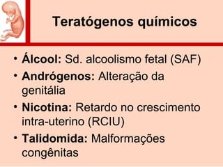 Teratógenos químicos
• Álcool: Sd. alcoolismo fetal (SAF)
• Andrógenos: Alteração da
genitália
• Nicotina: Retardo no crescimento
intra-uterino (RCIU)
• Talidomida: Malformações
congênitas
 