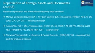 Repatriation of Foreign Assets and Documents
(cont’d)
Receiver repatriation and international discovery tools and laws:
❖ ...