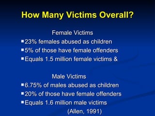 How Many Victims Overall? <ul><li>Female Victims </li></ul><ul><ul><ul><li>23% females abused as children </li></ul></ul><...
