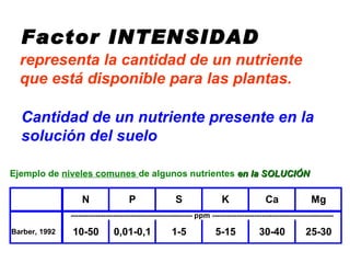 Factor INTENSIDAD representa la cantidad de un nutriente que está disponible para las plantas.  Cantidad de un nutriente presente en la solución del suelo  Ejemplo de  niveles comunes  de algunos nutrientes  en la SOLUCIÓN 