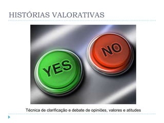 HISTÓRIAS VALORATIVAS




   Técnica de clarificação e debate de opiniões, valores e atitudes
 