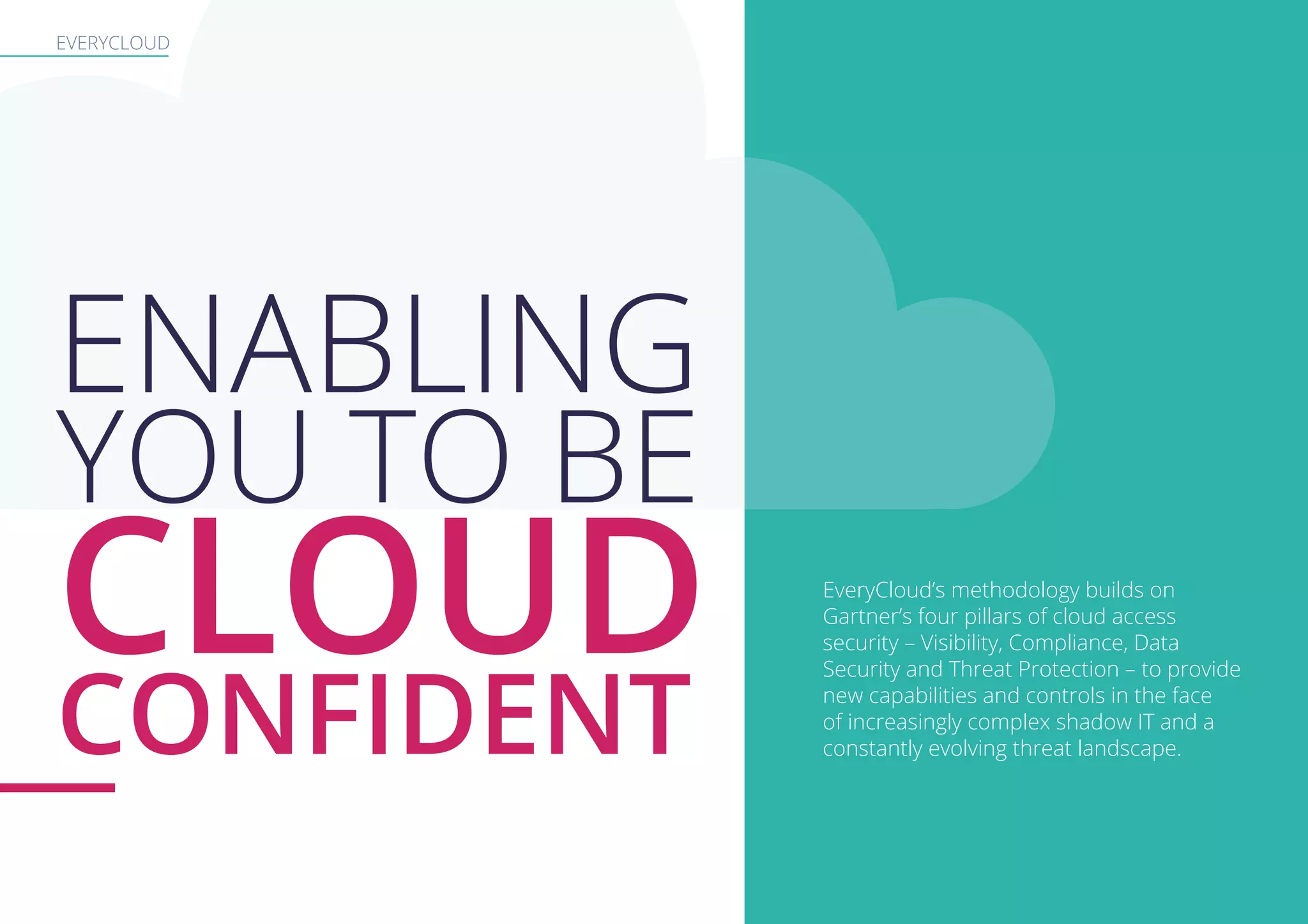 EVERYCLOUD
EveryCloud’s methodology builds on
Gartner’s four pillars of cloud access
security – Visibility, Compliance, Data
Security and Threat Protection – to provide
new capabilities and controls in the face
of increasingly complex shadow IT and a
constantly evolving threat landscape.
ENABLING
YOU TO BE
CLOUD
CONFIDENT
 