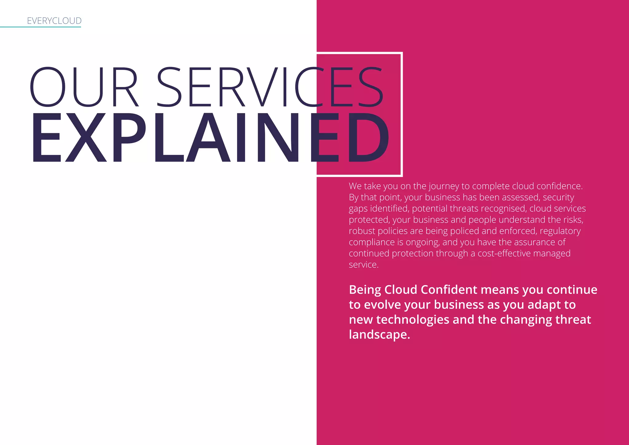 EVERYCLOUD
We take you on the journey to complete cloud confidence.
By that point, your business has been assessed, security
gaps identified, potential threats recognised, cloud services
protected, your business and people understand the risks,
robust policies are being policed and enforced, regulatory
compliance is ongoing, and you have the assurance of
continued protection through a cost-effective managed
service.
Being Cloud Confident means you continue
to evolve your business as you adapt to
new technologies and the changing threat
landscape.
OUR SERVICES
EXPLAINED
 