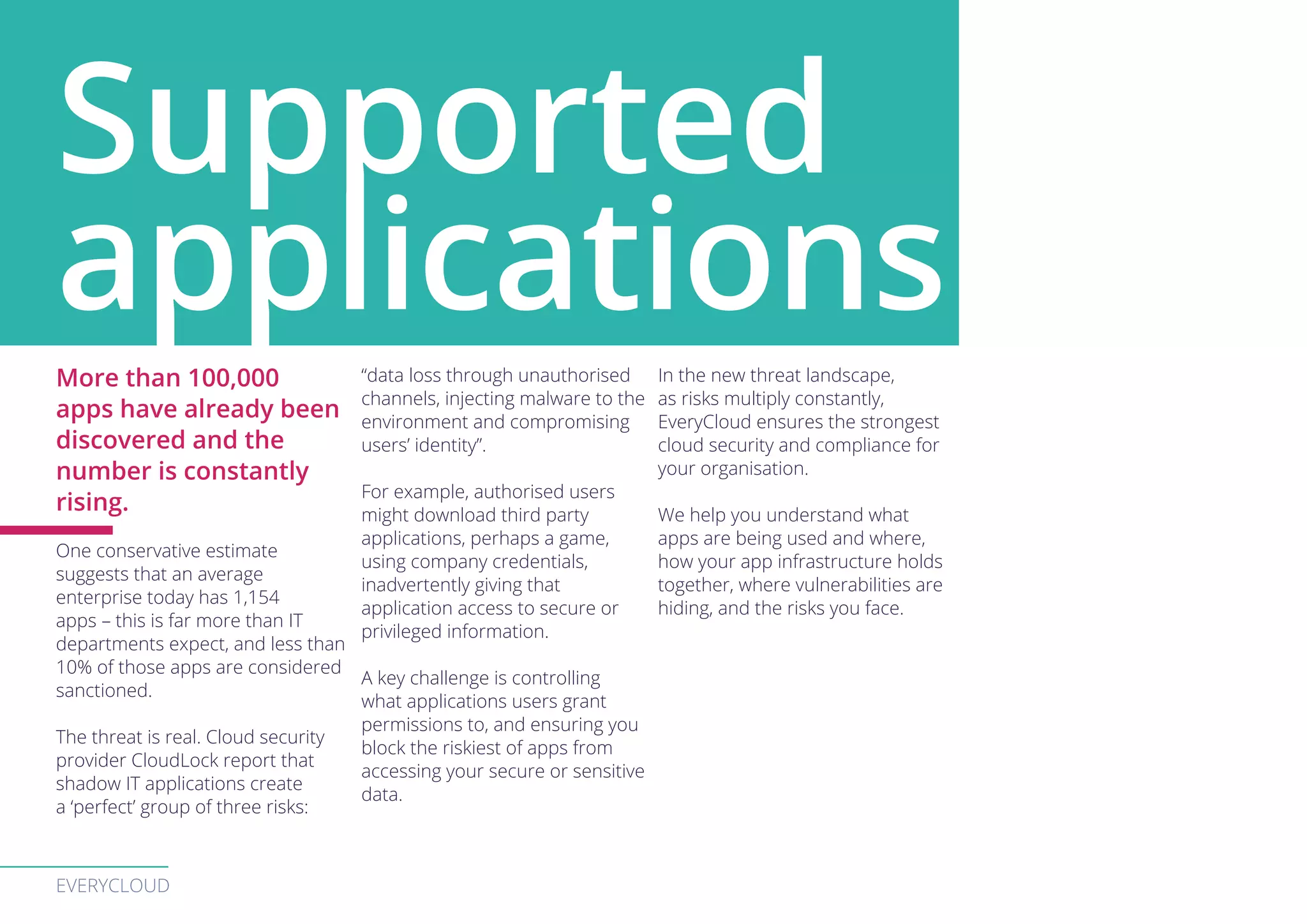 EVERYCLOUD
Supported
applications
More than 100,000
apps have already been
discovered and the
number is constantly
rising.
One conservative estimate
suggests that an average
enterprise today has 1,154
apps – this is far more than IT
departments expect, and less than
10% of those apps are considered
sanctioned.
The threat is real. Cloud security
provider CloudLock report that
shadow IT applications create
a ‘perfect’ group of three risks:
“data loss through unauthorised
channels, injecting malware to the
environment and compromising
users’ identity”.
For example, authorised users
might download third party
applications, perhaps a game,
using company credentials,
inadvertently giving that
application access to secure or
privileged information.
A key challenge is controlling
what applications users grant
permissions to, and ensuring you
block the riskiest of apps from
accessing your secure or sensitive
data.
In the new threat landscape,
as risks multiply constantly,
EveryCloud ensures the strongest
cloud security and compliance for
your organisation.
We help you understand what
apps are being used and where,
how your app infrastructure holds
together, where vulnerabilities are
hiding, and the risks you face.
 