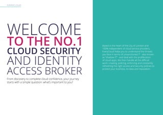 EVERYCLOUD
WELCOME
TO THE NO.1
CLOUD SECURITY
AND IDENTITY
ACCESS BROKER
From discovery to complete cloud confidence, your journey
starts with a simple question: what’s important to you?
Based in the heart of the City of London and
100% independent of cloud service providers,
EveryCloud helps you to understand the threats
you face in terms of unsanctioned IT - also known
as “shadow IT” - and deal with the proliferation
of cloud apps. We then handle all the difficult
work: creating, policing, enforcing and constantly
refreshing the right access and security policies to
protect your business, its data and reputation.
 