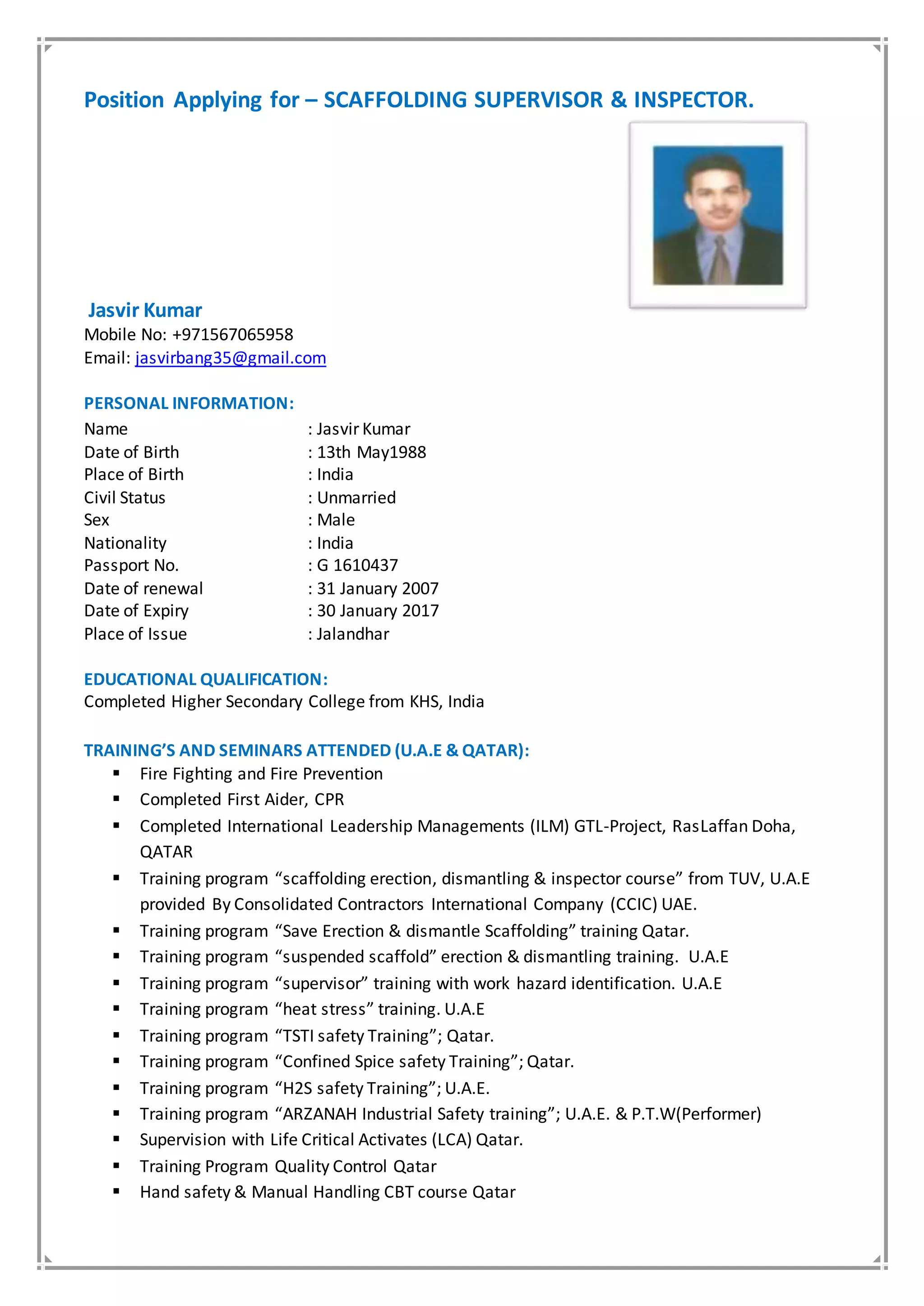 Jasvir cv scaffolding Inspector PDF