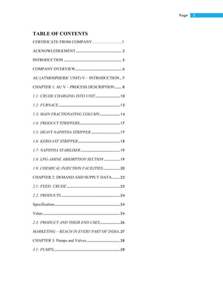 3Page
TABLE OF CONTENTS
CERTIFICATE FROM COMPANY…………………..1
ACKNOWLEDGEMENT .................................................... 2
INTRODUCTION .................................................................. 5
COMPANY OVERVIEW..................................................... 6
AU (ATMOSPHERIC UNIT) V – INTRODUCTION.. 7
CHAPTER 1: AU V – PROCESS DESCRIPTION........ 8
1.1: CRUDE CHARGING INTO UNIT............................10
1.2: FURNACE......................................................................13
1.3: MAIN FRACTIONATING COLUMN.......................14
1.4: PRODUCT STRIPPERS..............................................17
1.5: HEAVY NAPHTHA STRIPPER.................................17
1.6: KERO/ATF STRIPPER................................................18
1.7: NAPHTHA STABILISER.............................................19
1.8: LPG-AMINE ABSORPTION SECTION ..................19
1.9: CHEMICAL INJECTION FACILITIES...................20
CHAPTER 2: DEMAND AND SUPPLY DATA.........23
2.1: FEED: CRUDE.............................................................23
2.2: PRODUCTS...................................................................24
Specification...........................................................................24
Value........................................................................................24
2.3: PRODUCT AND THEIR END USES.......................26
MARKETING – REACH IN EVERY PART OF INDIA.27
CHAPTER 3: Pumps and Valves......................................28
3.1: PUMPS............................................................................28
 