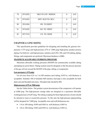 42Page
CHAPTER 4: LINE SIZING
This specification provides guidelines for designing and installing the gaseous low-
pressure (<275 psig) and high-pressure (276 to 7,000 psig) high-purity product process
piping. For both low- and high-pressure, stainless steel (303, 304, and 316) tubing, piping,
fittings, and components are preferred. Maximum hardness is 80Rb.
MAXIMUM ALLOWABLE WORKING PRESSURE
Maximum allowable working pressures (MAWP) for commercially available tubing
and piping are given below. Piping systems must be designed so that the process pressure
of the gas will not exceed the MAWP of the pipe, tubing, or components.
Low-pressure (<275 psig)
For all sizes from 0.25- to 1-in OD stainless steel tubing, 0.035-in. wall thickness is
acceptable. Schedule 10S to Schedule 80S stainless steel pipe is also acceptable for both
plain end and threaded end styles. Threaded ends should be 80S.
High-pressure (275 to 7000 psig)
See the Tables below. The product system downstream of the compressor will operate
at 6,000 psig. The high-pressure storage tubes are designed to a maximum allowable
working pressure of 6,667 psig. The tubing or piping for these high-pressure circuits should
be selected to meet or exceed this pressure. To this end, the high-pressure piping/tubing
will be designed for 7,000 psig. Acceptable sizes and wall thicknesses are:
 1/4-in. OD tubing: 0.049 and 0.065-in. wall thickness; 0.065-in.
 3/8-in. OD tubing: 0.065 and 0.083-in. wall thickness; 0.083-in.
78 5FV6202 SKO TO ATF MEROX 8 A/O
79 5FV6203 HOT RCO TO DCU 8 A/O
80 5FC6204 HN TO DHDT 2 A/O
81 5FV6205 GO TO DHDT 6 A/O
82 5FV7218 LN TO ISOM 4 A/O
 