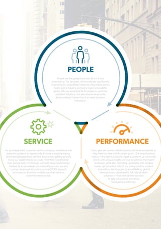 PEOPLE
SERVICE PERFORMANCE
People are the greatest success factor in any
undertaking. For decades, we’ve invested significantly
in growing an unparalleled network of top talent across
nearly every industry and every region around the
globe. We use advanced technologies to optimise
our talent solutions, but also ensure we provide
a personalised, human touch in every business
interaction.
As a privately-held, customer-centric company, we believe that
every encounter is an opportunity to make a positive impact.
Since being established, we have focused on getting to really
know our customers so we could meet their needs better
than anyone else. Not only do we foster deep relationships
backed by an unrivaled commitment to service, we also
conduct extensive voice-of-customer (VOC) research
to ensure our business models maximise value as
customer needs evolve.
Every year we partner with thousands of clients worldwide to
help them achieve their business goals. Our long-standing
history in the talent solutions industry positions us to provide
clients with unique insights on how to optimise their talent
strategies, while also providing candidates with endless
career opportunities. Out of our core expertise in talent
acquisition, we’ve grown to a multi-billion, global
enterprise and developed a full suite of talent
solutions — from recruitment services
to fully-outsourced workforce
management offerings.
15
 