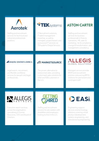 IT Recruitment solutions,
IT talent management
expertise, as well as
managed, project-based, and
outsourced IT services via
TEKsystems Global Services.
Staffing and recruitment
services for business
professionals in finance,
operations, HR, sales &
marketing, risk & compliance,
change & transformation, and
management consultancy.
Staffing and recruitment
services for technical and
industrial professionals
positions.
The proven alternative to
outsourced sales, providing
customised sales solutions for
retail and B2B customers in
the U.S.
Managed service provider
(MSP) and recruitment
process outsourcing (RPO)
solutions for permanent and
contingent staff.
Legal search, recruitment,
and flexible workforce
services for lawyers and legal
professionals.
Staffing and recruitment
services for job seekers with
disabilities and employers
looking to hire in the U.S.
Engineering support
services and technology
solutions covering virtual
product development,
systems engineering, and
manufacturing engineering.
Executive search services
across the organisation,
specialising in Human
Resources, CEO and Board of
Directors.
7
 