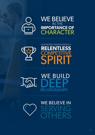 WE BUILD
DEEPRELATIONSHIPS
WE BELIEVE IN
SERVING
OTHERS
OUR PEOPLE DEMONSTRATE A
RELENTLESS
COMPETITIVE
SPIRIT
WE BELIEVE
IN THE
IMPORTANCE OF
CHARACTER
9
 