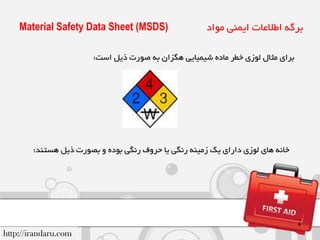 ‫ترای‬‫هثال‬‫لَزی‬‫خطر‬ُ‫هاد‬‫شیویایی‬‫ّگساى‬ِ‫ت‬‫طَرت‬‫ریل‬‫اظت‬:
http://irandaru.com
Material Safety Data Sheet (MSDS) ‫هَاد‬ ‫ایوٌی‬ ‫اطالعات‬ ِ‫ترگ‬
4
ًِ‫خا‬‫ّای‬‫لَزی‬‫دارای‬‫یک‬ٌِ‫زهی‬‫رًگی‬‫یا‬‫حرٍف‬‫رًگی‬ُ‫تَد‬ٍ‫تظَرت‬‫ریل‬‫ّعتٌذ‬:
 