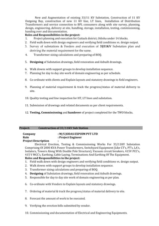 New and Augmentation of existing 33/11 KV Substation, Construction of 11 KV
Outgoing Bay, construction of new 11 KV line, LT lines, Installation of Distribution
Transformers and service connection to BPL consumers along with site survey, planning,
design, engineering, delivery at site, handling, storage, installation, testing, commissioning,
handing over and documentation.
Roles and Responsibilities in the project:
1. Project planning and execution for Cuttack district, Odisha under 14 blocks.
2. Field walk down with design engineers and verifying field conditions vs. design output.
3. Survey of substations & Feeders and execution of 33/11KV Substation plan and
deriving the material requirement for the same.
4. Transformer sizing calculations and preparing of BOQ.
5. Designing of Substation drawings, field renovation and Asbuilt drawings.
6. Walk downs with support groups to develop installation sequence.
7. Planning for day to day site work of domain engineering as per schedule.
8. Co-ordinate with clients and Explain layouts and statutory drawings to field engineers.
9. Planning of material requirement & track the progress/status of material delivery to
site.
10. Quality testing and line inspection for HT, LT lines and substation.
11. Submission of drawings and related documents as per client requirements.
12. Testing, Commissioning and handover of project completed for the TWO blocks.
Project: Construction of 33/11KV Sub Station
Company : M/S JODAS EXPOIM PVT LTD
Role : Project Engineer
Project Description :
Electrical Erection, Testing & Commissioning Works For 33/11KV Substation
Comprising Of 2000 KVA Power Transformers, Switchyard Equipment (Like CT’s, PT’s, LA’s,
Isolators, Towers Along With Double Pole Structure), Vacuum circuit breakers, 415V PCC’s,
415 V MCC’s, Earthing, Cable Laying, Terminations And Earthing Of The Equipment.
Roles and Responsibilities in the project:
1. Field walk down with design engineers and verifying field conditions vs. design output.
2. Walk downs with support groups to develop installation sequence.
3. Transformer sizing calculations and preparing of BOQ.
4. Designing of Substation drawings, field renovation and Asbuilt drawings.
5. Responsible for day to day site work of domain engineering as per plan.
6. Co-ordinate with Vendors to Explain layouts and statutory drawings.
7. Ordering of material & track the progress/status of material delivery to site.
8. Forecast the amount of work to be executed.
9. Verifying the erection bills submitted by vendor.
10. Commissioning and documentation of Electrical and Engineering Equipments.
 
