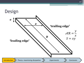 y
x
e
Design
17
𝒜ℛ =
𝑦
𝑥
𝑆 = 𝑥𝑦
‘leading edge’
‘trailing edge’
Introduction Theory: maximising dissipation Experiments Conclusion
 