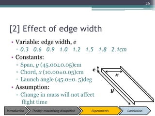 • Variable: edge width, e
▫ 0.3 0.6 0.9 1.0 1.2 1.5 1.8 2.1cm
• Constants:
▫ Span, y (45.00±0.05)cm
▫ Chord, x (10.00±0.05)cm
▫ Launch angle (45.0±0. 5)deg
• Assumption:
▫ Change in mass will not affect
flight time
[2] Effect of edge width
26
e
x
y
Introduction Theory: maximising dissipation Experiments Conclusion
 