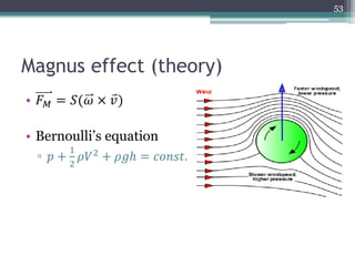 Magnus effect (theory)
• 𝐹 𝑀 = 𝑆(𝜔 × 𝑣)
• Bernoulli’s equation
▫ 𝑝 +
1
2
𝜌𝑉2
+ 𝜌𝑔ℎ = 𝑐𝑜𝑛𝑠𝑡.
53
 