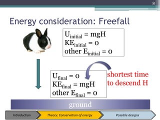 Energy consideration: Freefall
shortest time
to descend H
Uinitial = mgH
KEinitial = 0
other Einitial = 0
Ufinal = 0
KEfinal = mgH
other Efinal = 0
8
ground
Introduction Theory: Conservation of energy Possible designs
 
