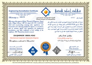 This certification is valid until: 27 Shawwal 1437
186170
ZULQARNAIN ABDUL RIAZ
Mechanical engineer Associate Degree
 