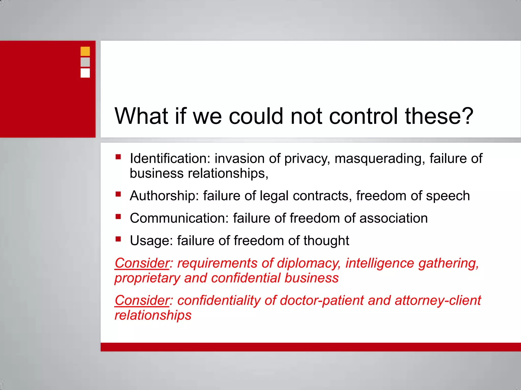 What if we could not control these?Identification: invasion of privacy, masquerading, failure of business relationships, Authorship: failure of legal contracts, freedom of speechCommunication: failure of freedom of associationUsage: failure of freedom of thoughtConsider: requirements of diplomacy, intelligence gathering, proprietary and confidential businessConsider: confidentiality of doctor-patient and attorney-client relationships