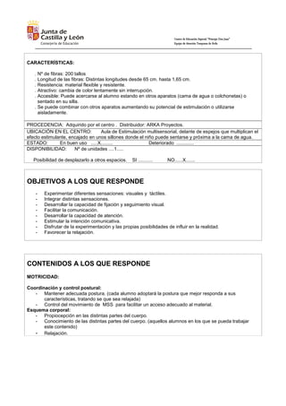 Centro de Educación Especial “Príncipe Don Juan”
Equipo de Atención Temprana de Ávila
CARACTERÍSTICAS:
. Nº de fibras: 200 tallos
. Longitud de las fibras: Distintas longitudes desde 65 cm. hasta 1,65 cm.
. Resistencia: material flexible y resistente.
. Atractivo: cambia de color lentamente sin interrupción.
. Accesible: Puede acercarse al alumno estando en otros aparatos (cama de agua o colchonetas) o
sentado en su silla.
. Se puede combinar con otros aparatos aumentando su potencial de estimulación o utilizarse
aisladamente.
PROCEDENCIA: Adquirido por el centro . Distribuidor: ARKA Proyectos.
UBICACIÓN EN EL CENTRO: Aula de Estimulación multisensorial, delante de espejos que multiplican el
efecto estimulante, encajado en unos sillones donde el niño puede sentarse y próxima a la cama de agua.
ESTADO: En buen uso .....X......... Deteriorado .............
DISPONIBILIDAD: Nº de unidades ....1.....
Posibilidad de desplazarlo a otros espacios. SI ........... NO......X.......
OBJETIVOS A LOS QUE RESPONDE
- Experimentar diferentes sensaciones: visuales y táctiles.
- Integrar distintas sensaciones.
- Desarrollar la capacidad de fijación y seguimiento visual.
- Facilitar la comunicación.
- Desarrollar la capacidad de atención.
- Estimular la intención comunicativa.
- Disfrutar de la experimentación y las propias posibilidades de influir en la realidad.
- Favorecer la relajación.
CONTENIDOS A LOS QUE RESPONDE
MOTRICIDAD:
Coordinación y control postural:
- Mantener adecuada postura. (cada alumno adoptará la postura que mejor responda a sus
características, tratando se que sea relajada)
- Control del movimiento de MSS para facilitar un acceso adecuado al material.
Esquema corporal:
- Propiocepción en las distintas partes del cuerpo.
- Conocimiento de las distintas partes del cuerpo. (aquellos alumnos en los que se pueda trabajar
este contenido)
- Relajación.
 