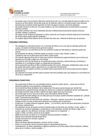 Centro de Educación Especial “Príncipe Don Juan”
Equipo de Atención Temprana de Ávila
- Se puede crear una sensación diferente cubriendo al niño con una tela estando este envuelto en los
haces de as fibra óptica. Dicha tela pude ser de distintos colores y el adulto puede crear diversas
sensaciones moviendo la tela siguiendo el ritmo de alguna música o de forma aleatoria.
- Se puede introducir la fibra en una caja metálica o de otro material para moverla dentro y producir
distintos sonidos.
- Se puede combinar con otros materiales del aula multisensorial produciendo efectos diversos:
visuales, táctiles y auditivos.
- Se puede mover al alumno siguiendo un ritmo suave de una música mientras observa el movimiento
de la fibra óptica (estimulación vestibular.)
- Se soplará alguna fibra delante de la cara del niño para que observe el efecto que se produce.
ESQUEMA CORPORAL:
- Se masajeará o acariciará al niño con un manojo de fibras o con una sola en distintas partes del
cuerpo. (el adulto nombrará dicha parte del cuerpo)
- Se Pinchará con una sola fibra al niño con distintos niveles de intensidad en distintas partes del
cuerpo.
- Se enredarán las fibras a distintas partes el cuerpo ( manos, pies, brazos, cuello…)
- Taparle la cara con la fibra para que la retire o pida ayuda.
- Se meterán algunas fibras por la ropa para producir sensaciones experimentando como entran por
ejemplo por el cuello y salen por una manga.
- Se tocará al niño con las fibras en una parte del cuerpo concreta y este tendrá que nombrarla o
señalarla en un pictograma según su capacidad de expresión.
- Se le propondrá que lleve la fibra a distintas partes del cuerpo (Etiquetar verbalmente cada una de
las partes del cuerpo según cada alumno y su potencial comprensivo)
- El alumno tendrá cogida una fibra y el adulto tirará suavemente de la misma para provocar ligeros.
desequilibrios.
- Se colocarán los haces de fibra sobre el pecho del niño tumbado para que observe su movimiento al
ritmo de su respiración.
ESQUEMAS COGNITIVOS.
- Se puede tapar la fibra con una pantalla (cortina, panel de cartón pluma…) para que el niño la
descubra jugando a que aparezca y desaparezca.
- Se moverán las fibras alrededor de la cabeza del niño para que las busque por donde han
desaparecido y posteriormente anticipe por dónde van a aparecer trabajando así las contingencias.
- Se puede esconder bajo el sillón o detrás de algún objeto para que la busque.
- Se puede jugar al cucu tras con la fibra, para esconderse detrás de ella.
- Se la puede esconder debajo de una tela para que la busque usando retahílas repetidas de “¿Dónde
está?” (permanencia del objeto)
- Llamar la atención del niño sobre los cambios : Vibración- quietud; luz-sombra; frío-caliente.
- Instigar al niño a mover la fibra para observar los cambios que se producen.
- Enganchar un objeto atractivo (juguete, pelota…) a una fibra y que la use para alcanzarlo (conducta
del cordel, medios-fines).
- Se realizarán turnos de acción primero el adulto luego el niño (tirar de una fibra, mover, agitar…)
- Imitación de acciones (golpeteos, arrastrarla por una superficie, enredar las fibras a algo o a su
cuerpo, agitar en una dirección concreta, meter-sacar en un recipiente…)
- Coger y soltar una fibra usando la pinza digital.
- Meter la punta de una fibra en un recipiente de boca estrecha ( botella…)
- Dejarle que manipule libremente las fibras.
- Asociar acciones con sonidos o gestos.
- Identificar colores.
- Mover las fibras deprisa-despacio y animar al niño a imitar.
- Imitar un movimiento rítmico concreto según la capacidad del alumno.
- Simbolización: se darán significado a algunas acciones con la fibra óptica (hacer pulseras, collares,
pelos de un muñeco, cola de caballo…)
 