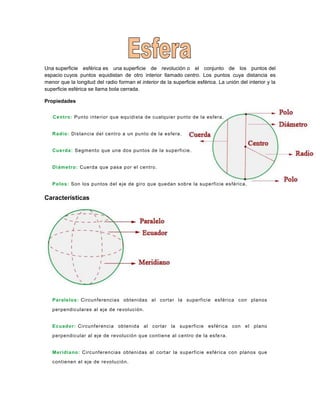 Una superficie esférica es una superficie de revolución o el conjunto de los puntos del
espacio cuyos puntos equidistan de otro interior llamado centro. Los puntos cuya distancia es
menor que la longitud del radio forman el interior de la superficie esférica. La unión del interior y la
superficie esférica se llama bola cerrada.
Propiedades
Centro: Punto interior que equidista de cualquier punto de la esfera.
Radio: Distancia del centro a un punto de la esfera.
Cuerda: Segmento que une dos puntos de la superficie.
Diámetro: Cuerda que pasa por el centro.
Polos: Son los puntos del eje de giro que quedan sobre la superficie esférica.
Características
Paralelos: Circunferencias obtenidas al cortar la superficie esférica con planos
perpendiculares al eje de revolución.
Ecuador: Circunferencia obtenida al cortar la superficie esférica con el plano
perpendicular al eje de revolución que contiene al centro de la esfe ra.
Meridiano: Circunferencias obtenidas al cortar la superficie esférica con planos que
contienen el eje de revolución.
 